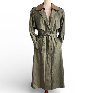 Gallery Olive Green Trench Coat with Brown Collar